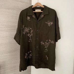 Abercrombie & Fitch Camp Collar Summer Linen-Blend Embroidered Shirt Green, XXL